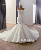 Luxury Strapless White Mermaid Wedding Dress Bridal Gowns With 3D Floral 241141|Selinadress