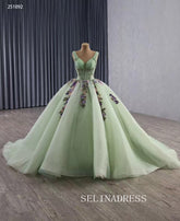 Luxury V neck Green Ball Gown With Beaded Long Prom Dress Quincess Dress 251092|Selinadress