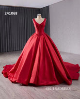 luxury Vneck Satin Wedding Dresses With Train Red Formal Gown 241068|Selinadress