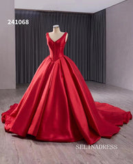 luxury Vneck Satin Wedding Dresses With Train Red Formal Gown 241068|Selinadress