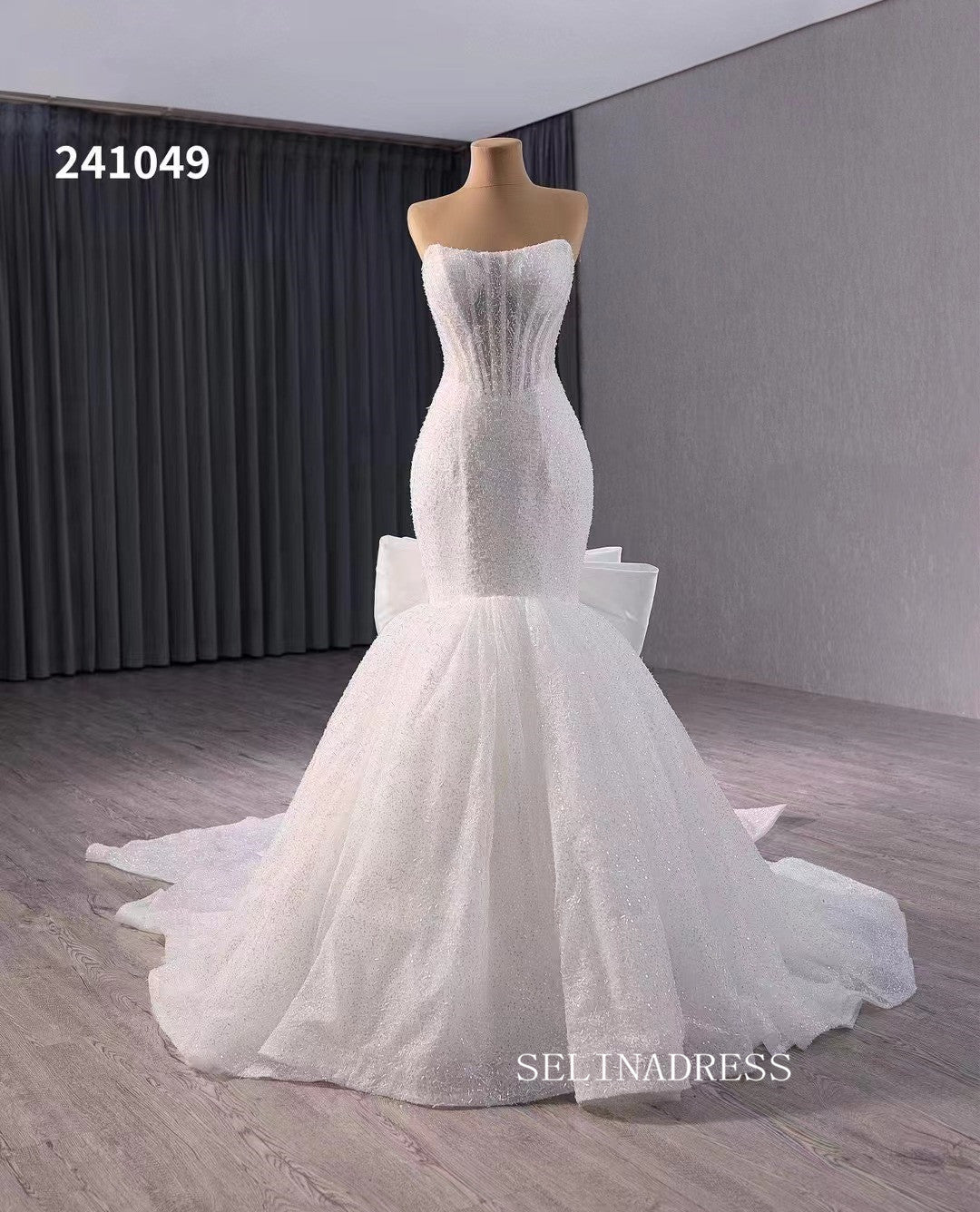 Luxury White Mermaid Wedding Dress Strapless Bridal Gowns With Bowknot 241049|Selinadress
