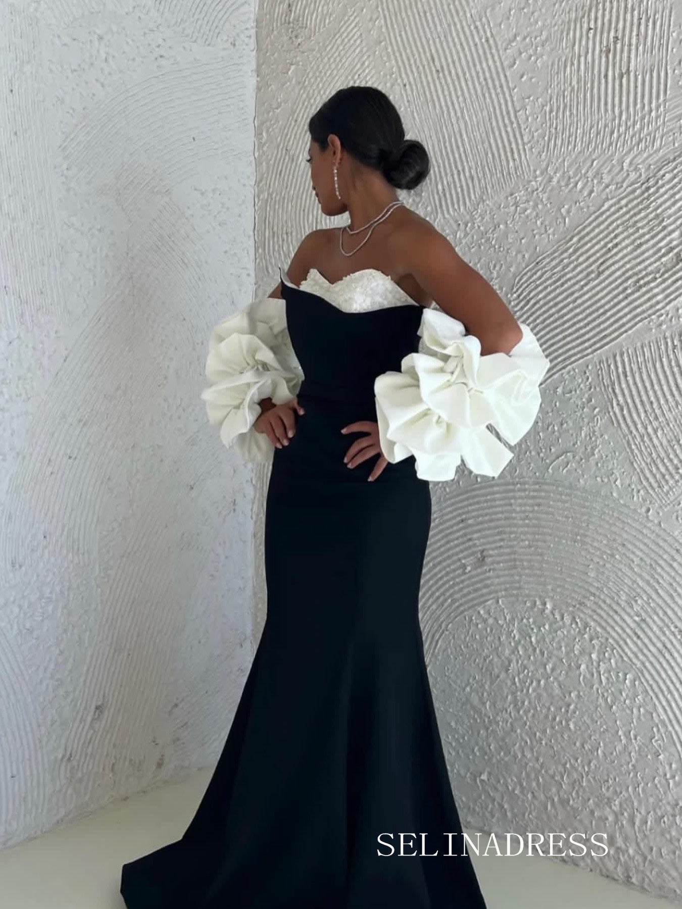 Mermaid Black White Satin Long Prom Dress Evening Dress lpk917|Selinadress