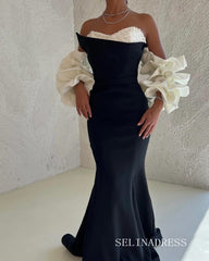 Mermaid Black White Satin Long Prom Dress Evening Dress lpk917|Selinadress