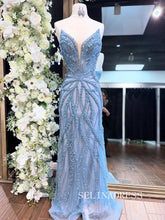 Mermaid Blue Long Prom Dress Beaded Evening Dress SQO011|Selinadress