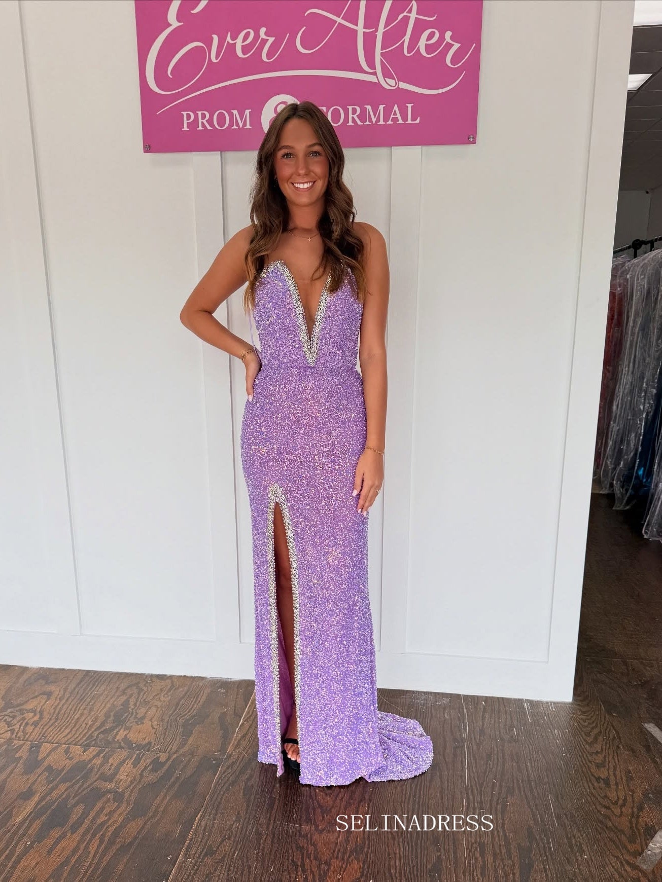 Mermaid Deep V neck Lavender Long Prom Dress Evening Dress With Sequins TKL624|Selinadress