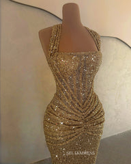 Mermaid Gold Sequin Long Prom Dress Evening Gowns TKL618|Selinadress