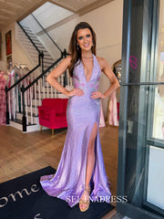 Mermaid Halter V neck Lilac Prom Dresses Hot Stones Elegant Evening Dresses SEA304|Selinadress