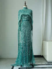 Mermaid High Neck Light Sly Blue Long Prom Dress Beaded Evening Gowns CN007