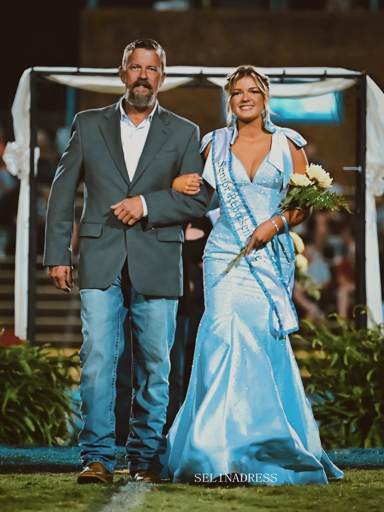 Mermaid Light Sky Blue V neck Long Prom Dress Evening Dress With Bow TKL622|Selinadress