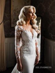 Mermaid Long Sleeve Applique Lace Wedding Dress Bridal Gowns lps007|Selinadress