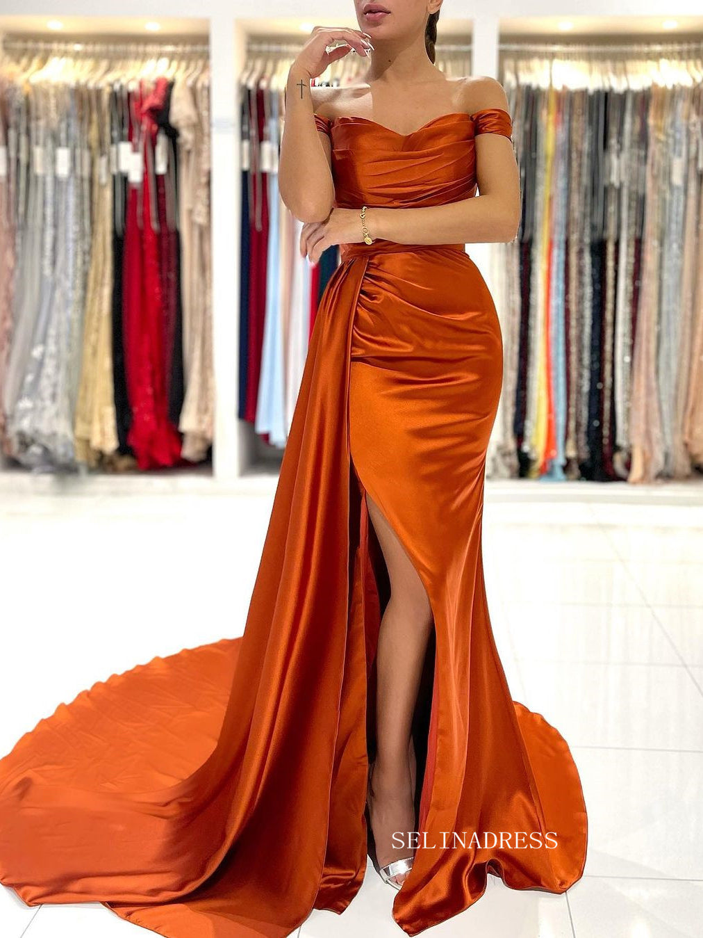 Mermaid Off-the-shoulder Cheap Long Prom Dress With Split SEW12002|Selinadress