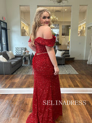Mermaid Off-the-shoulder Red Long Prom Dress Sequins Sparkly Evening Dress ABB012|Selinadress