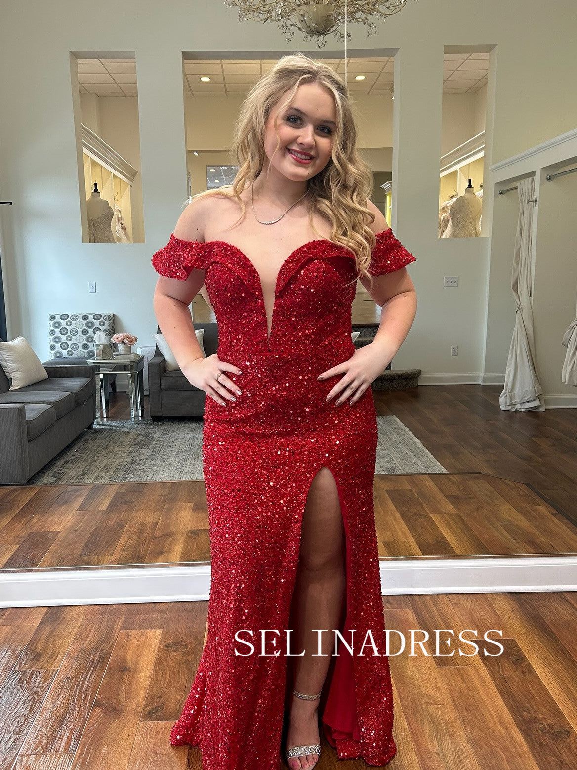 Mermaid Off-the-shoulder Red Long Prom Dress Sequins Sparkly Evening Dress ABB012|Selinadress