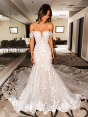 Mermaid Off-the-shoulder Simple Cheap Lace Wedding Dress EWR391|Selinadress