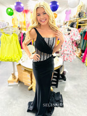 Mermaid One Shoulder Black Beaded Long Prom Dress Evening Dress sew1094|Selinadress