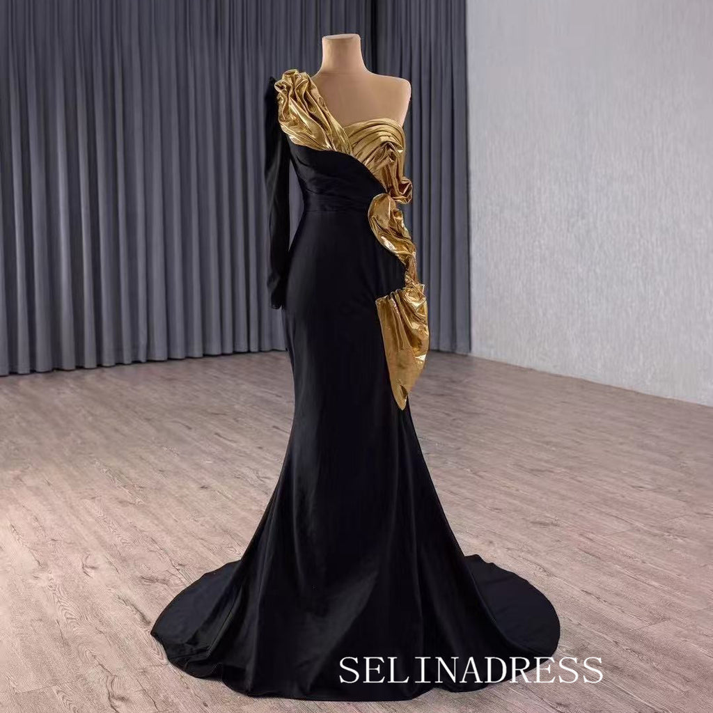 Luxurious Mermaid Gold Cut Glass Mirror One-Shoulder Long Prom Dresses main image 1