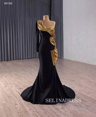 Mermaid One Shoulder Black Gold Long Prom Dress Evening Dress 241163|Selinadress