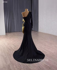 Mermaid One Shoulder Black Gold Long Prom Dress Evening Dress 241163|Selinadress