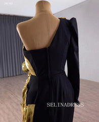 Mermaid One Shoulder Black Gold Long Prom Dress Evening Dress 241163|Selinadress