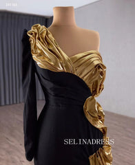Mermaid One Shoulder Black Gold Long Prom Dress Evening Dress 241163|Selinadress