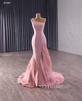 Mermaid Pink One Shoulder Long Prom Dress Beaded Evening Dress 251003|Selinadress