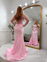 Mermaid Pink Pearl Shoulder Long Prom Dresses Elegant Evening Dresses SEA299|Selinadress