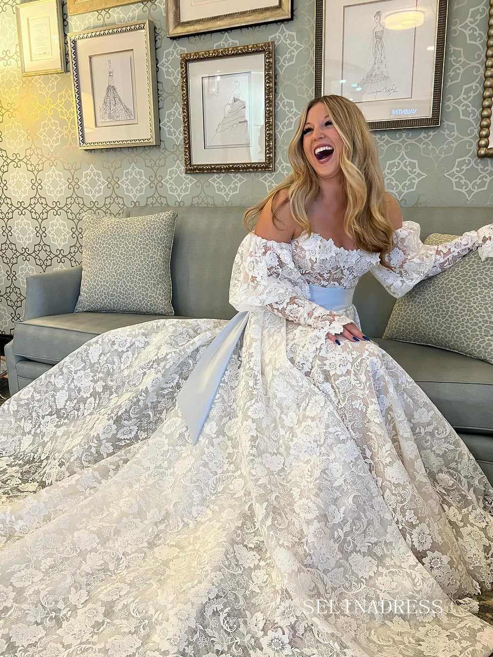 Mermaid Puff Sleeve Lace Bow Tie Wedding Dress Bridal Gowns lps005|Selinadress