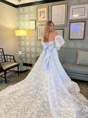 Mermaid Puff Sleeve Lace Bow Tie Wedding Dress Bridal Gowns lps005|Selinadress