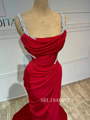 Mermaid Red Long Prom Dress With Split Beaded Evening Dress ann315|Selinadress