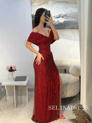 Mermaid Red Sparkly Long Prom Dresses Hot Stones Evening Gowns REN009|Selinadress