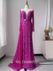 Mermaid Scoop Neck Beaded Long Prom Dress Long Sleeve Evening Formal Gown EWR107|Selinadress