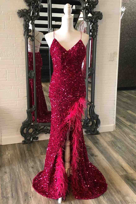 Mermaid Sequins Lace-Up Back Slit Long Prom Dress with Feathers Formal Gowns #POL118|Selinadress