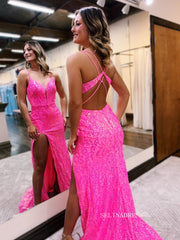 Mermaid Shiny Sequins Long Prom Dress With Split SEW1200|Selinadress