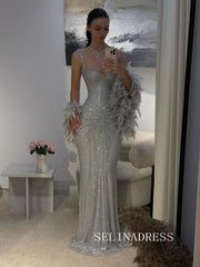 Mermaid Sliver Sparkly Long Prom Dresses Hot Stones Evening Gowns REN006|Selinadress
