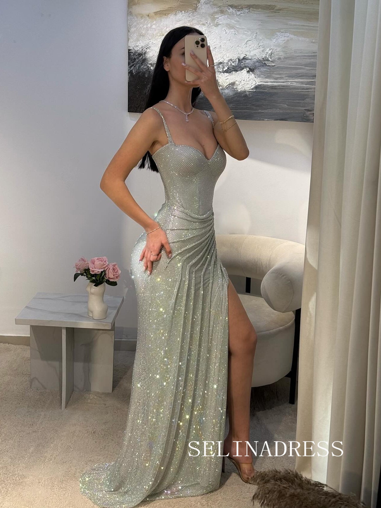 Mermaid Sliver Sparkly Long Prom Dresses Hot Stones Evening Gowns REN008|Selinadress