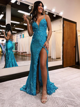 Mermaid Spaghetti Straps Appliques Long Prom Dress With Split SEW1201|Selinadress
