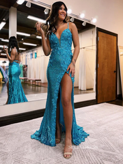 Mermaid Spaghetti Straps Appliques Long Prom Dress With Split SEW1201|Selinadress