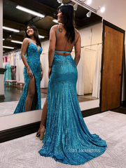 Mermaid Spaghetti Straps Appliques Long Prom Dress With Split SEW1201|Selinadress