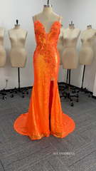 Mermaid Spaghetti Straps Appliques Long Prom Dress With Split SEW1201|Selinadress