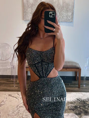 Mermaid Spaghetti Straps Black Long Prom Dresses Beaded Evening Dress ALI0214|Selinadress