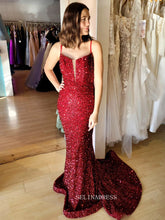 Mermaid Spaghetti Straps Burgundy Sequins Long Prom Dress sew1040|Selinadress