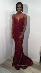 Mermaid Spaghetti Straps Burgundy Sequins Long Prom Dress sew1040|Selinadress