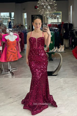 Mermaid Spaghetti Straps Burgundy Sequins Long Prom Dress sew1040|Selinadress