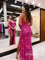 Mermaid Spaghetti Straps Fuchsia Long Prom Dress Sparkly Evening Dress EWR463|Selinadress
