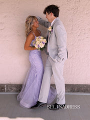 Mermaid Spaghetti Straps Lace Applique Tulle Long Prom Dress Cheap Formal Dress SQW033|Selinadress