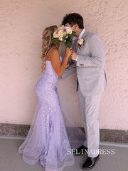 Mermaid Spaghetti Straps Lace Applique Tulle Long Prom Dress Cheap Formal Dress SQW033|Selinadress