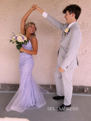 Mermaid Spaghetti Straps Lace Applique Tulle Long Prom Dress Cheap Formal Dress SQW033|Selinadress