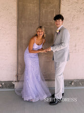 Mermaid Spaghetti Straps Lace Applique Tulle Long Prom Dress Cheap Formal Dress SQW033|Selinadress