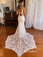 Mermaid Spaghetti Straps Lace Wedding Dresses Rustic Bridal Gowns EWR459|Selinadress