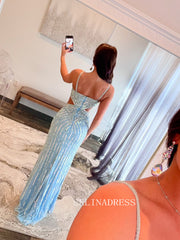 Mermaid Spaghetti Straps Light Sky Blue Long Prom Dresses Beaded Evening Dress ALI0211|Selinadress